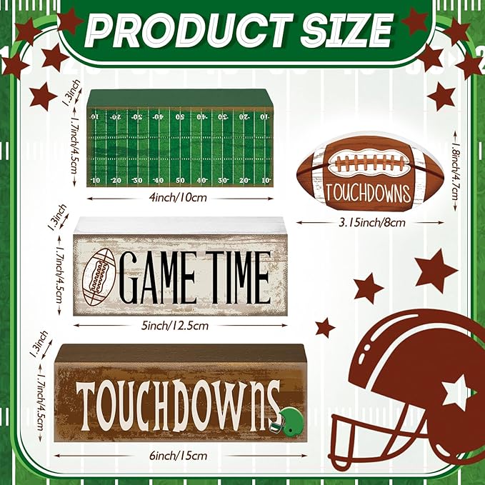 4 Pcs Football Table Decorations Spring Football Tiered Tray Decor Spring Wooden Sign Soccer Centerpiece Decorative Faux Book Stack Block for Coffee Table Fireplace Mantel Floating Shelf