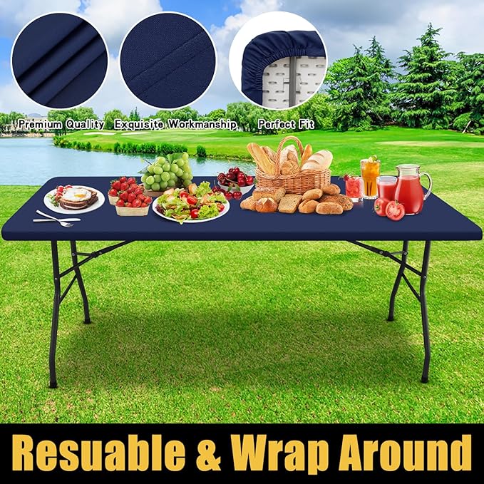 Smiry Rectangle Picnic Table Cloth, Waterproof Elastic Fitted Tablecloths for 8 Foot Tables, Washable Polyester Table Cover for Camping, Indoor and Outdoor (Navy, 30"x96")