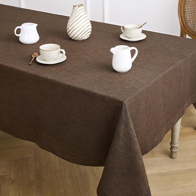 Solino Home Linen Tablecloth 60 x 120 Inch - 100% Pure Linen Chambray Brown Table Cloth for Rectangle Tables - Athena, Machine Washable Tablecloth