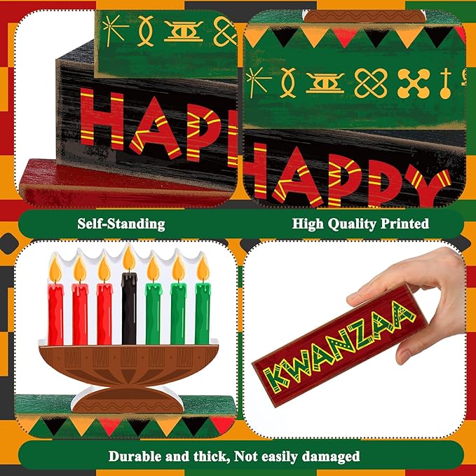 4 Pcs Happy Kwanzaa Table Decorations Kwanzaa Tiered Tray Decor Rustic African Candlestick Wood Block Tabletop Sign Gift Centerpiece Farmhouse Table Decor for Home Office Party Supplies
