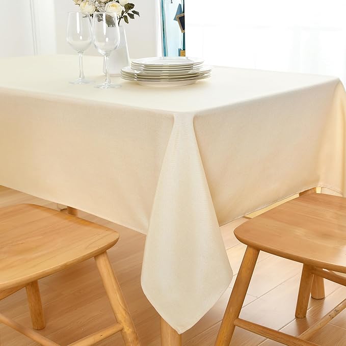 JIUZHEN Faux Linen Farmhouse Tablecloth Rectangular, Wrinkle Stain Resistant Table Cloth Rectangle Table Cover for Kitchen Dining, Champagne, 70 x 140 Inch
