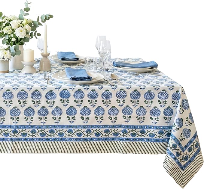 ATOSII Roma Blue 100% Cotton Boho Rectangle Fall Tablecloth, Handblock Floral Print Table Cloth Linen for Kitchen Dining I Parties, Outdoors, Weddings, Christmas, Thanksgiving Decor 60 X 108 Inches
