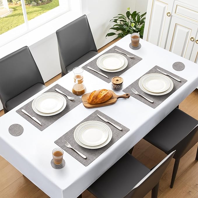 MOSAYT Faux Leather Placemats Set of 6, Heat Resistant Wipeable Washable Vinyl Place Mats with Coasters, Waterproof Oil Proof Table Mats for Kitchen Dining Party Outdoor, 12" x 17", Light Grey
