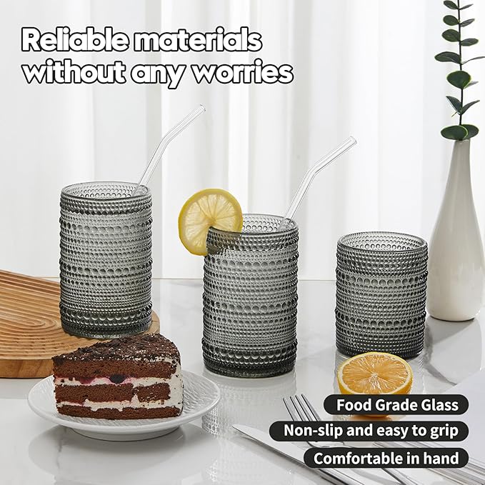 Vintage Hobnail Drinking Glasses Set of 12, 15oz Textured Tumblers - Embossed Grey Bar Glasses for Cocktails, Beer, Whiskey, Dishwasher-Safe Highball Cups for Kitchen, Juice & Mixed Drinks