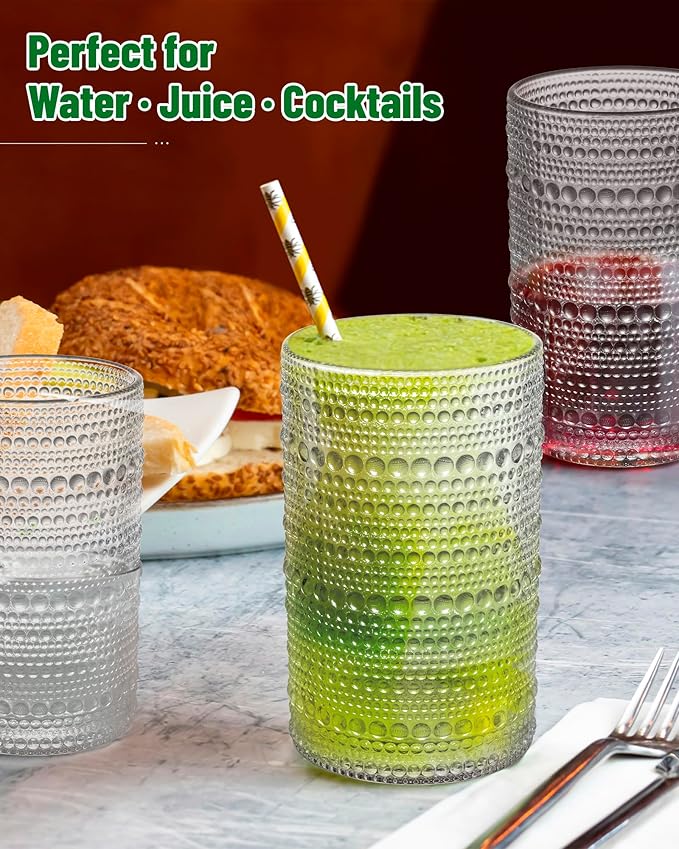 Vintage Hobnail Drinking Glasses Set of 6 – 13 oz Clear Highball Glass Cups – Embossed Textured Glassware with Anti-Slip Design for Water, Juice, Cocktails – Thick Glass, Dishwasher Safe