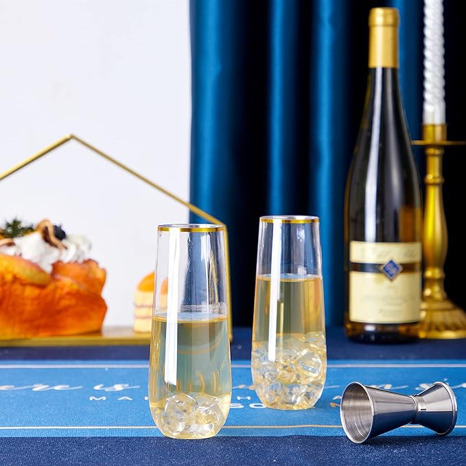N9R 36PCS Plastic Champagne Flutes, 9 Oz Stemless Disposable Gold Rim Toasting Glasses, Crystal Clear Cocktail Cups Drinkware Shatterproof Ideal for Party Wedding Birthday
