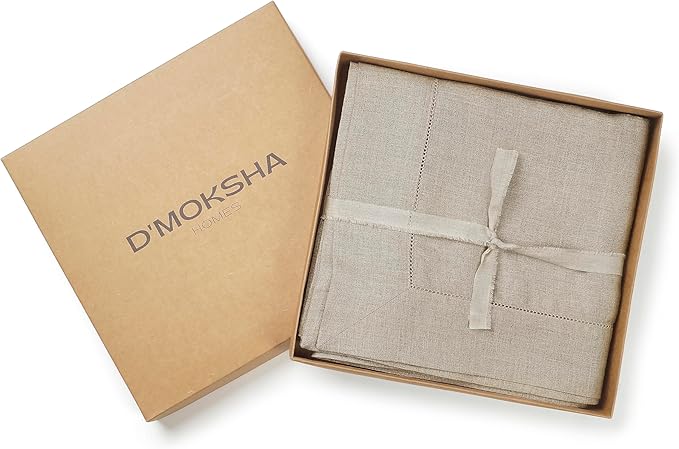 D'Moksha Homes Natural Linen Tablecloth for Rectangle Tables 60 x 102 Inch - Classic Hemstitch 100% Pure Linen Natural Table Cloth - Machine Washable Dining Tablecloth for Valentines, Spring, Easter