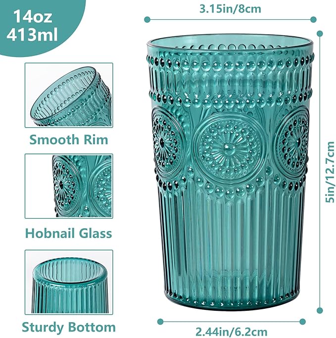 Ciaell 12 Pack Romantic Plastic Water Glasses - 14 Oz Green Vintage Drinking Glasses, Embossed Ribbed Plastic Cups, Textured Striped Set for Juice, Beverages, Beer, Cocktail