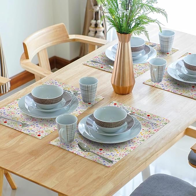 Spring Summer Placemats - Floral Place Mats Set of 4 Eucalyptus Leaves Lavender Poppy Flower Table Mats 12x18 for Party Kitchen Farmhouse