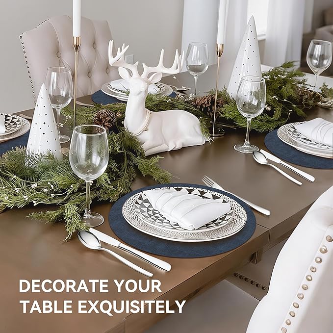 13" Round Placemats Set of 6, Reversible Faux Leather Heat Resistant Table Mats, 100% Waterproof Oilproof Wipeable Table Protective Placemats for Vinyl, Washable for Indoor (6, Navy Blue)