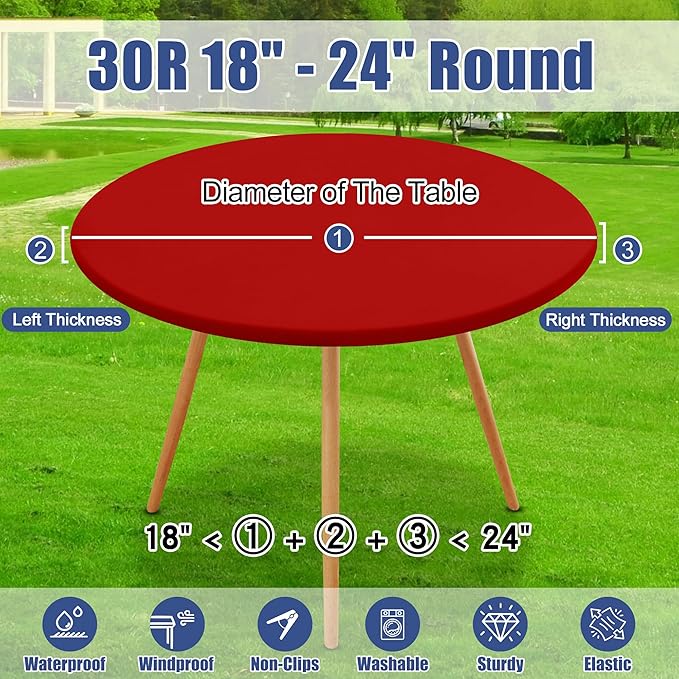 Round Spandex Christmas Tablecloth 2 Pack, Elastic Fitted Waterproof Tablecloths for 18"-24" Tables, Stretch Washable Picnic Table Cover for Camping, Dining, Indoor and Outdoor, Red