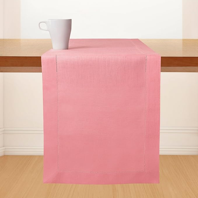 D'Moksha Homes Linen Dusty Pink Table Runner 90 Inches Long - Classic Hemstitch 100% Pure Linen Dining Table Runner 14 x 90 Inch for Valentines, Spring, Easter