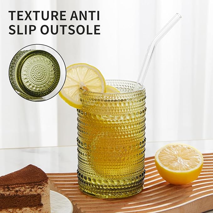 Hobnail Drinking Glasses Set of 6,15 oz Vintage Glassware Set Cocktail Glass Set, Embossed Green Water Tumbler,for Beer, Whiskey,Juice and Various Mixed Drinks (15oz Green)