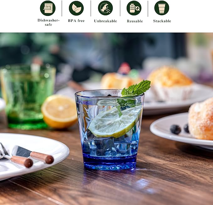 11oz Acrylic Glasses Drinkware (Set of 8), Diamond-pattern Shatter-Proof Plastic Tumblers, Reusable Plastic Stemless Wines Cups, Stackable, BPA-Free, Dishwasher-Safe (Muticolor)