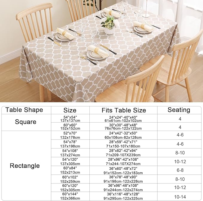 Smiry Rectangle Table Cloth, Waterproof Vinyl Tablecloths with Flannel Backing for Rectangle Tables, Wipeable Spillproof Plastic Tablecloth for Dining, Camping, Indoor and Outdoor (60"x144", Khaki)