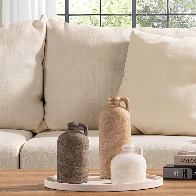 Ceramic Vase Home Table Decor - Flower Vase Set of 3 Living Room Kitchen Decorations Farmhouse Modern Rustic Vases Decorative Centerpiece for Shelf Bedroom Office Bathroom Dining Coffee Desk