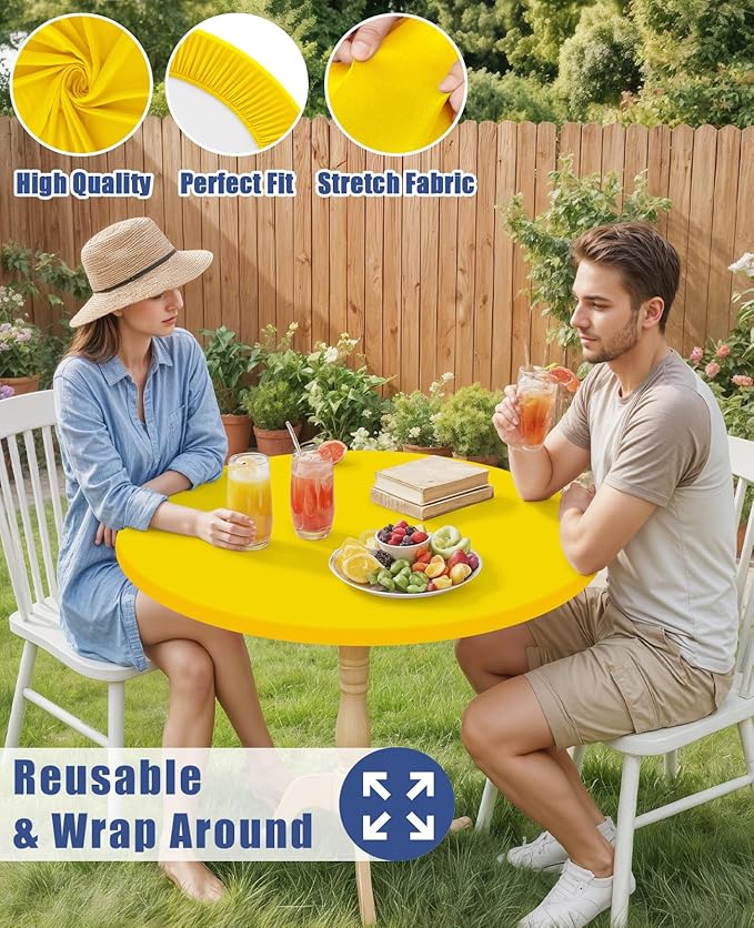 Round Spandex Tablecloth, Elastic Fitted Waterproof Tablecloths for 36"-44" Tables, Stretch Washable Picnic Table Cover for Camping, Dining, Indoor and Outdoor, Yellow
