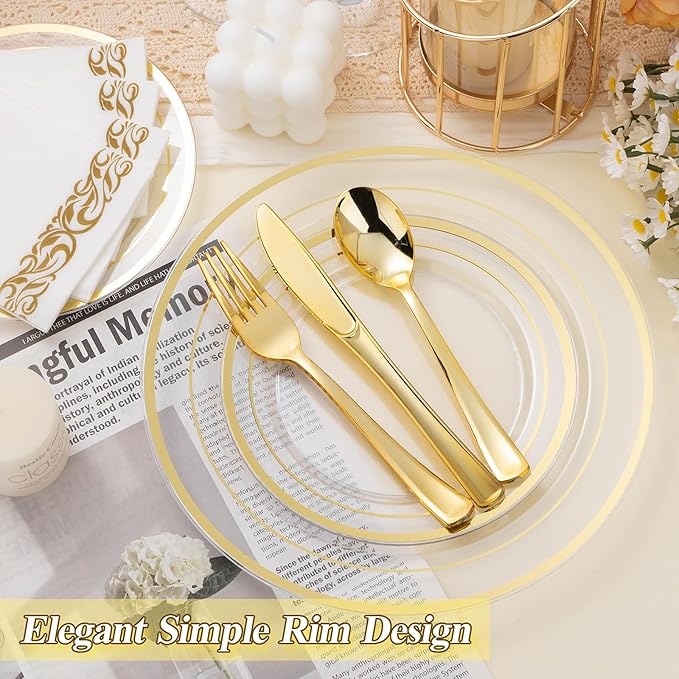 BESTSTAR 100PCS Clear Gold Plastic Plates Set, 50 10.25 inch Dinner Plates and 50 7.5 inch Dessert Plates, Disposable Plates for Party, Wedding
