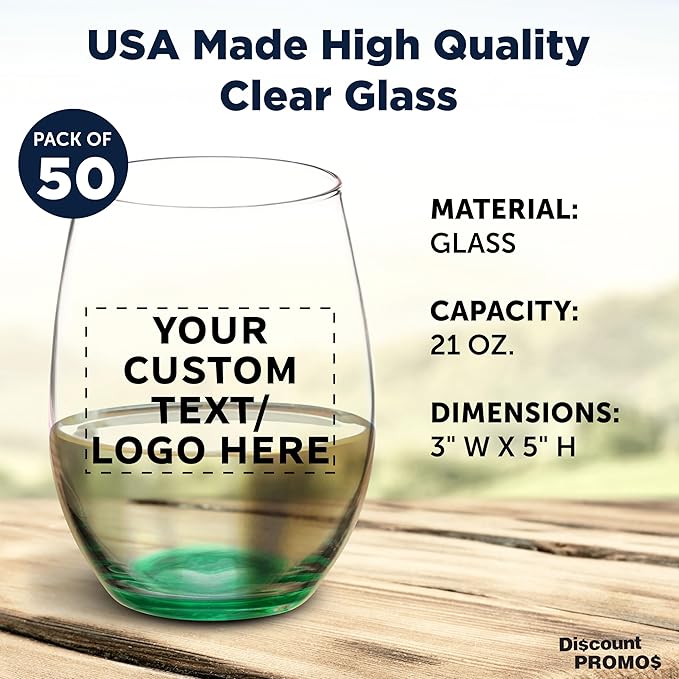 DISCOUNT PROMOS 50 ARC Stemless Wine Glasses Set, 21 oz. - Customizable Text, Logo - Chardonnay, Cabernet, Merlot, Sauvignon - Green