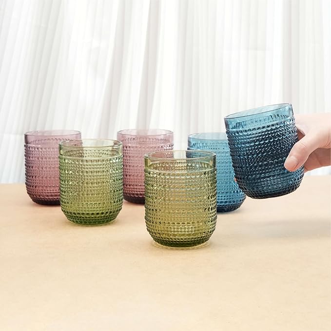 Colored Vintage Hobnail Glasses, 12 oz Drinking Tumblers Set of 6, Textured Glassware, Lead-Free Water Juice Cocktail Cups (2×Red, 2×Blue, 2×Green)