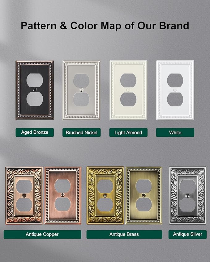 4-Pack Duplex Outlet Cover Plate, Metal Wall Plates for Electrical Outlets, Brushed Nickel 1 Gang Receptacle Cover, Pearls Decorative Switch Plates and Outlet Covers