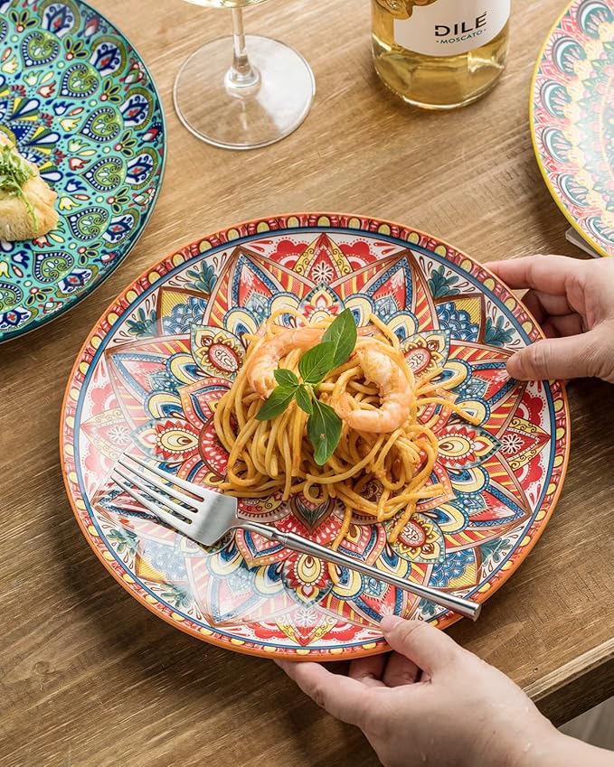 Dinner Plate Set of 6, 10.5-inch Large Plate for Dessert, Pasta, Salad, Ceramic Bohemian Dishes for Kitchen Microwave Dishwasher Safe