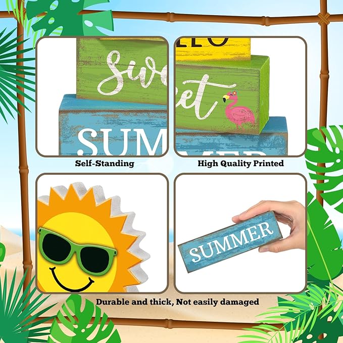 4 Pcs Summer Wooden Tabletop Decor Hello Sweet Summer Tiered Tray Decor Sunshine Centerpiece Rustic Summertime Decorative Block Signs Gift Farmhouse Table Decoration for Home Kitchen