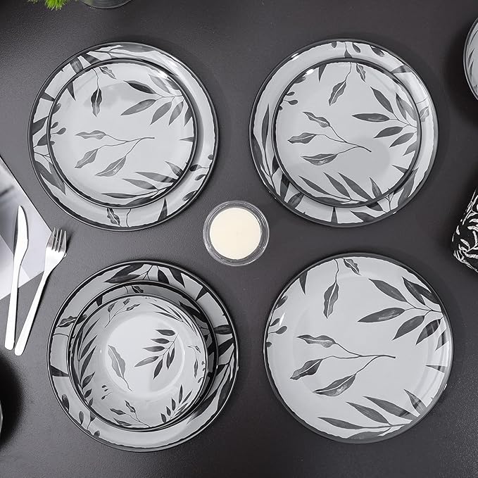 12pcs Melamine Dinnerware Set - Service for 4 Melamine Plates and Bowls Set, Unbreakable Dinner Salad Dessert Plate, Cereal Bowl Set for Indoor/Outdoor, Gray Leaf