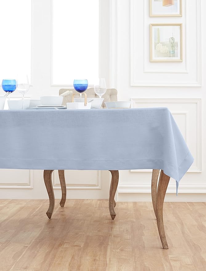 Solino Home Linen Sky Blue Tablecloth 60 x 108 Inch - Classic Hemstitch, 100% Pure Linen Rectangular Tablecloth - Machine Washable Table Cloth for Spring, Easter