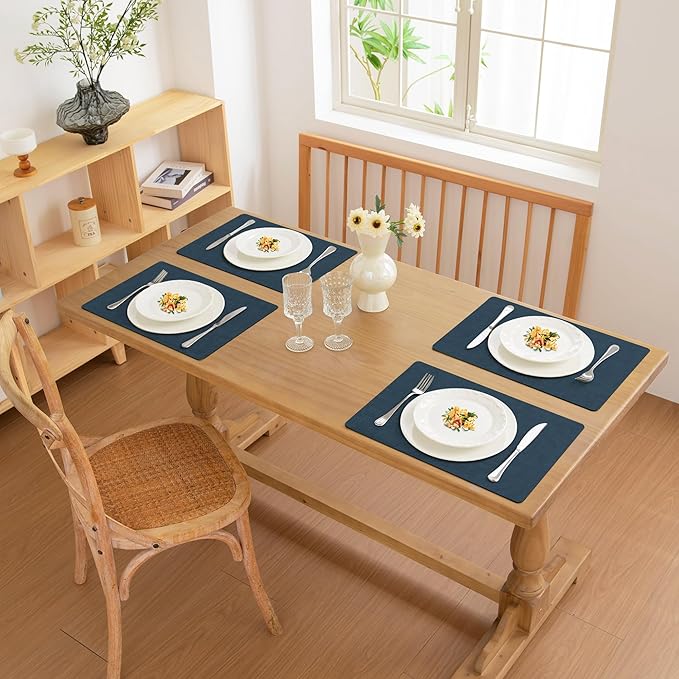 FROMHEART Faux Leather Placemats Set of 8–Waterproof,Heat/Oil Stain-Resistant PU Table Mat–Reversible,Non-Slip,Easy to Clean Place Mats for Kitchen,Dining,Indoor/Outdoor,(Dark Blue,11.8" x 17")