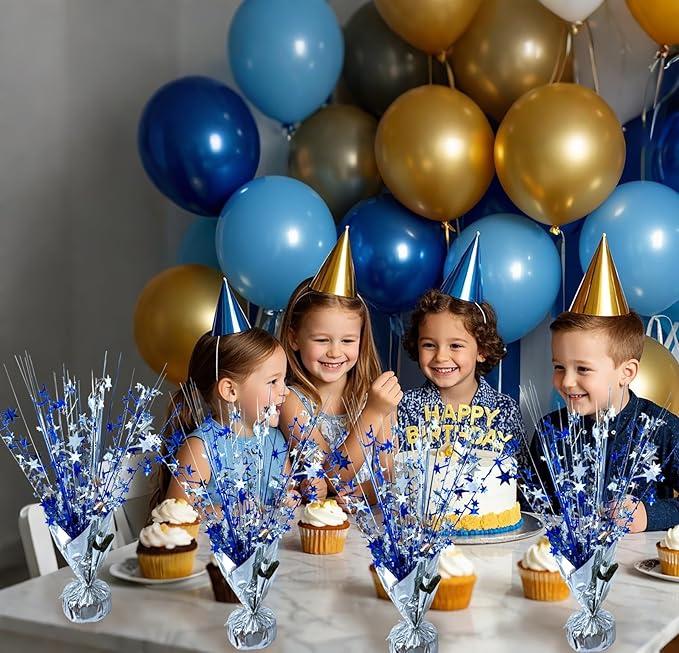 6 Pack Metallic Foil Spray Centerpiece Star Table Decoration Burst Table Centerpieces for Birthday Wedding Anniversary Graduation Holiday Party Supplies Decor, Silver Blue