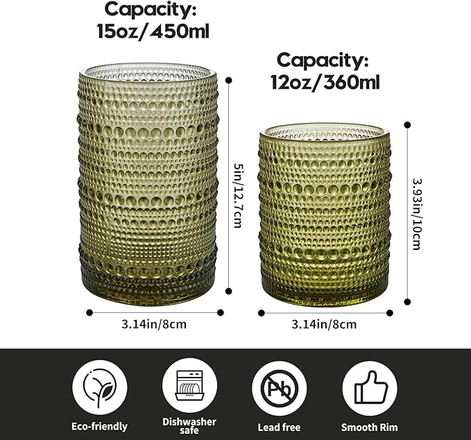 Hobnail Drinking Glasses Set of 6,15 oz Vintage Glassware Set Cocktail Glass Set, Embossed Green Water Tumbler,for Beer, Whiskey,Juice and Various Mixed Drinks (15oz Green)