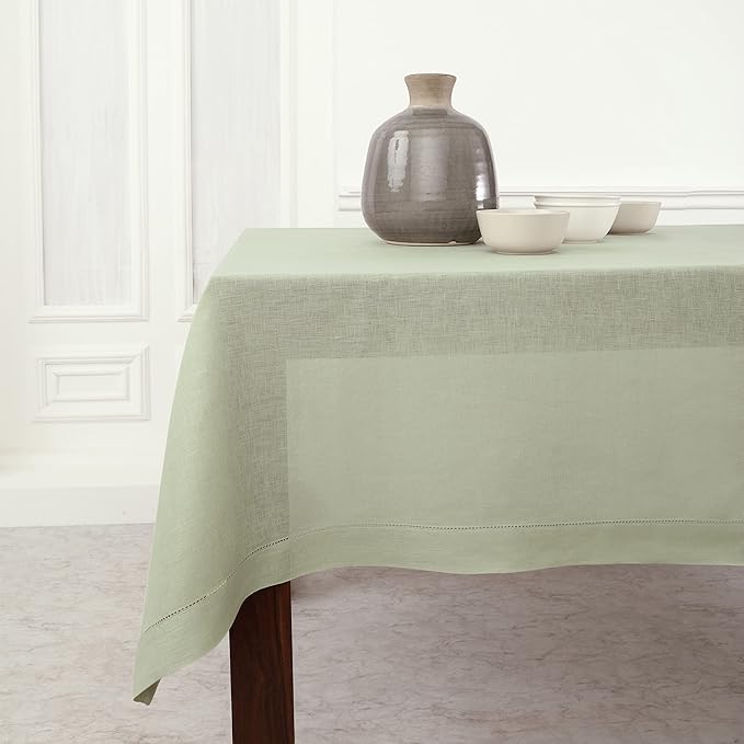 Solino Home Linen Tablecloth 60 x 108 Inch - Classic Hemstitch 100% Pure Linen Sage Green Table Cloth for Rectangle Tables - Machine Washable Tablecloth for Winter, Spring, Easter, St Patricks Day