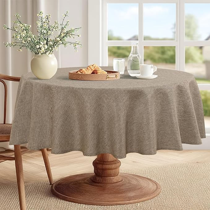 JIUZHEN Faux Linen Round Tablecloths 84 inch, Decorative Wrinkle Free Texture Rustic Circle Table Cloth Cover for Kitchen, Dining, Party, Wedding, Outdoor Use (84 Inch Round,Champagne)