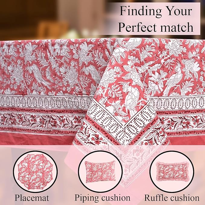 CPC Cotton Tablecloth 80x120 Inch Rectangle Indian Block Print Tablecloth- Pink Washable Wedding Table Cover for Thanksgiving/Christmas- Pink Coral
