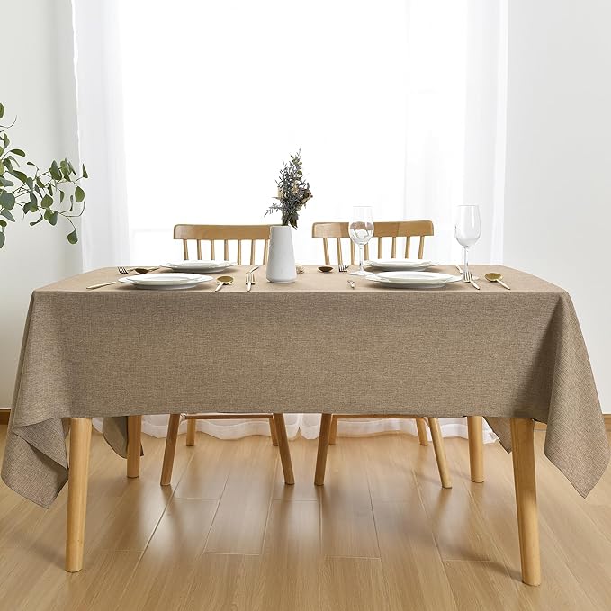 JIUZHEN Faux Linen Farmhouse Tablecloth Rectangular, Wrinkle Stain Resistant Table Cloth Rectangle Table Cover for Kitchen Dining, Holiday Party Dinner, Khaki, 60 x 140 Inch