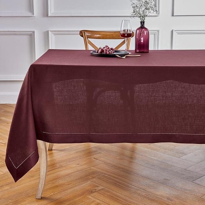 Solino Home Linen Square Tablecloth 52 x 52 Inch - 100% Pure Linen Burgundy Table Throw - Classic Hemstitch, Machine Washable Table Cloth for Winter, Valentines