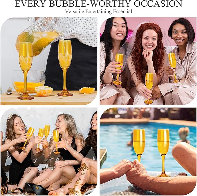 Champagne Flutes Glasses Set of 6-6oz Elegant Amber Glass, Unique Amber Colored Long Stem Champagne Flute Gift for Wedding, Anniversaries, Parties, Birthday, Restaurant, Home Bar