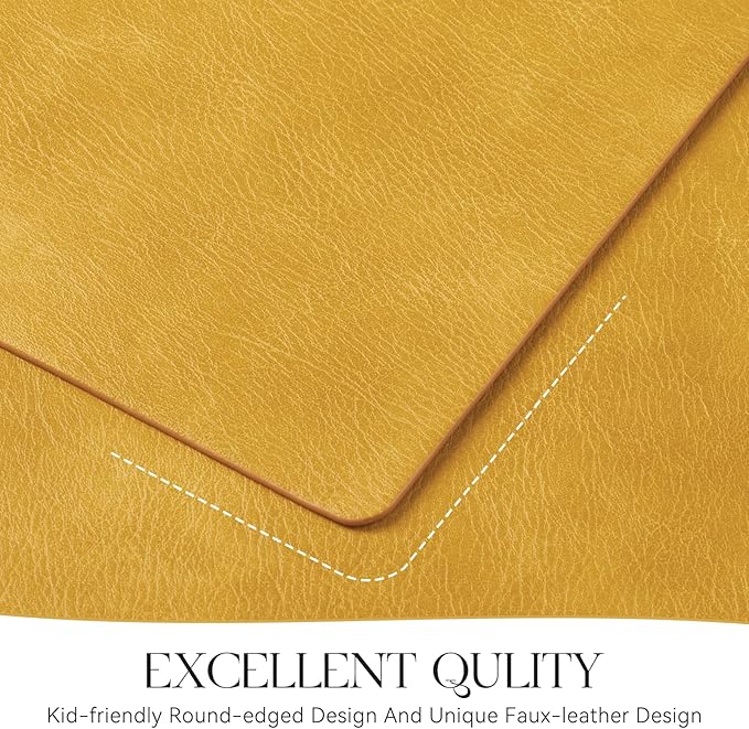 MOSAYT Vinyl Placemats Set of 12-12 X 17 Inch - Faux Leather 100% Waterproof Oil-Proof Wipeable PU Place Mats, Heat Resistant Reversible Table Mats for Kitchen, Dining, Outdoor (Yellow)