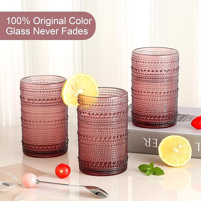 Vintage Glassware Drinking Glasses Set of 6,15 oz Hobnail Glass Cups,Embossed Purple Water Tumbler,for Beer,Cocktail,Whiskey,Juice and Various Mixed Drinks- 1 Cleaning Brush