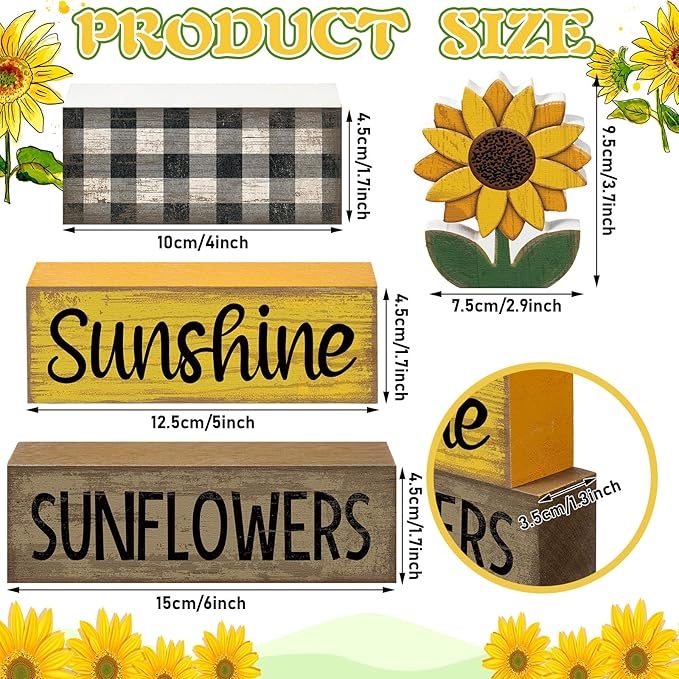 4 Pcs Sunflower Decorations Sunflower Wooden Sign Sunshine Table Centerpiece Summer Tiered Tray Decor Decorative Faux Book Stack Block for Coffee Table Fireplace Mantel Floating Shelf