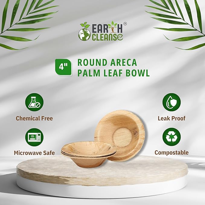 4" Areca Palm Leaf Round Bowls Compostable Biodegradable Eco-Friendly Bowls Natural Disposable Bowls, Perfect for Picnic Catering, Dessert, and Wedding (Pack of 100)