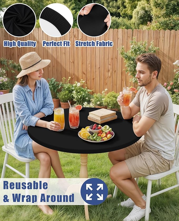 Round Spandex Tablecloth, Elastic Fitted Waterproof Tablecloths for 57"-68" Tables, Stretch Washable Picnic Table Cover for Camping, Dining, Indoor and Outdoor, Black