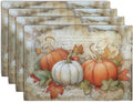 Fall Pumpkin Maple Leaf Placemats Set of 4, 12x18 Inch Vintage Autumn Harvest Rustic Leaves Table Mats Seasonal Fall Thanksgiving Washable Linen Fabric Place Mats for Party Kitchen Dining Decor