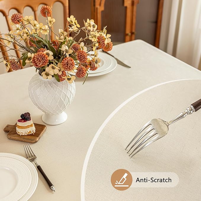 Water Resistant Beige Tablecloth for 4 ft Rectangle Table, Faux Linen Fabric Rectangle Tablecloth, Textured Rectangular Table Cloth for Dining Kitchen Party, 52 x 70 Inch