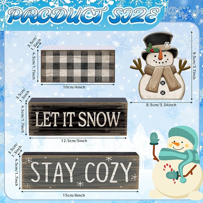 4 Pcs Winter Table Decorations Wooden Snowman Winter Tiered Tray Decor Rustic Block Signs Gift Farmhouse Christmas Centerpiece for Tables Party Kitchen Shelf Home