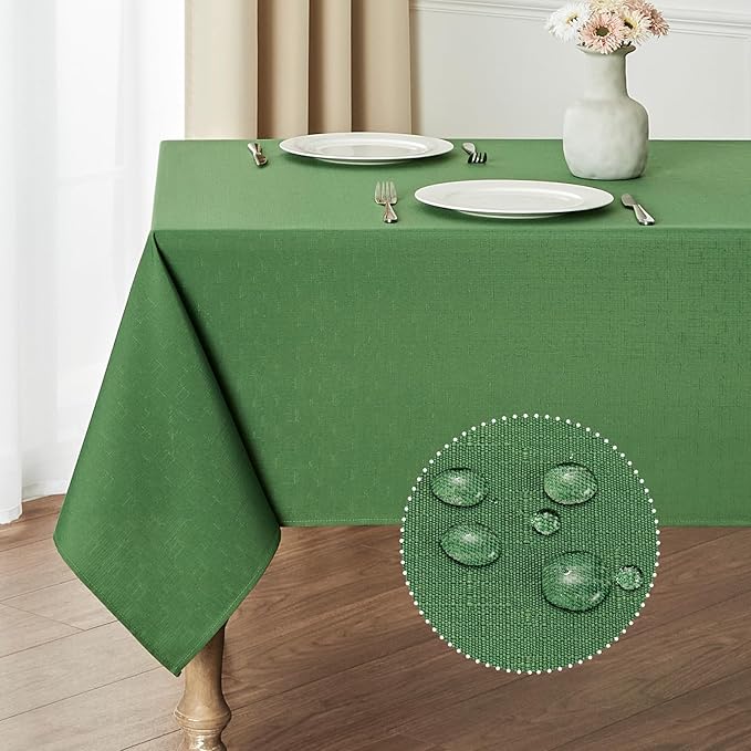 2 Pack Rectangle Tablecloth, 52x70 inch, Water Resistant Wrinkle Free Linen Textured Table Cloth Washable, Decorative Fabric Table Cover for Dining, Party and Camping, Green