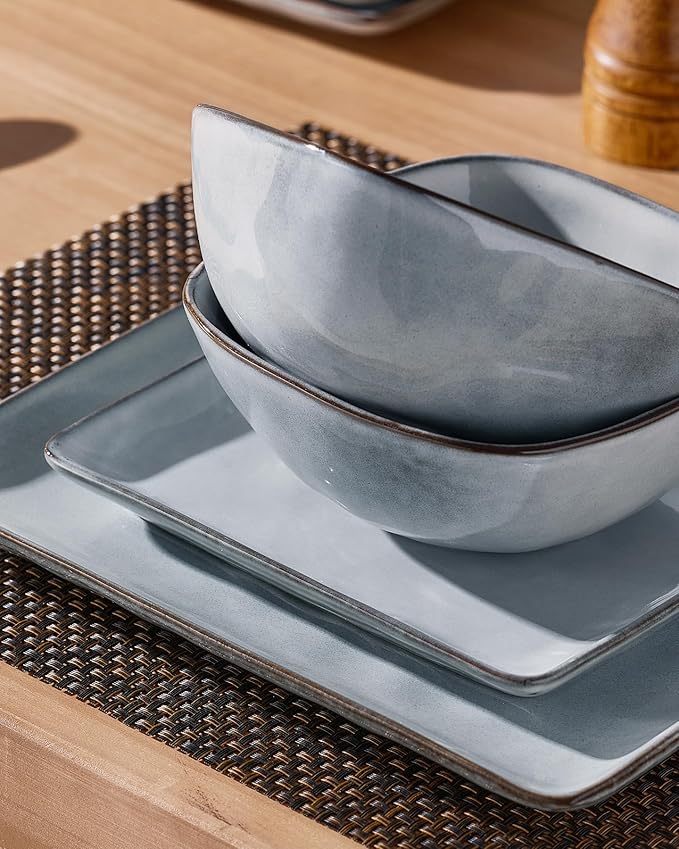 Famiware Dinnerware Sets for 8, Ocean Square 24-Piece Kitchen Plates and Bowls Sets, Microwave and Dishwasher Safe, Scratch Resistant, Grey