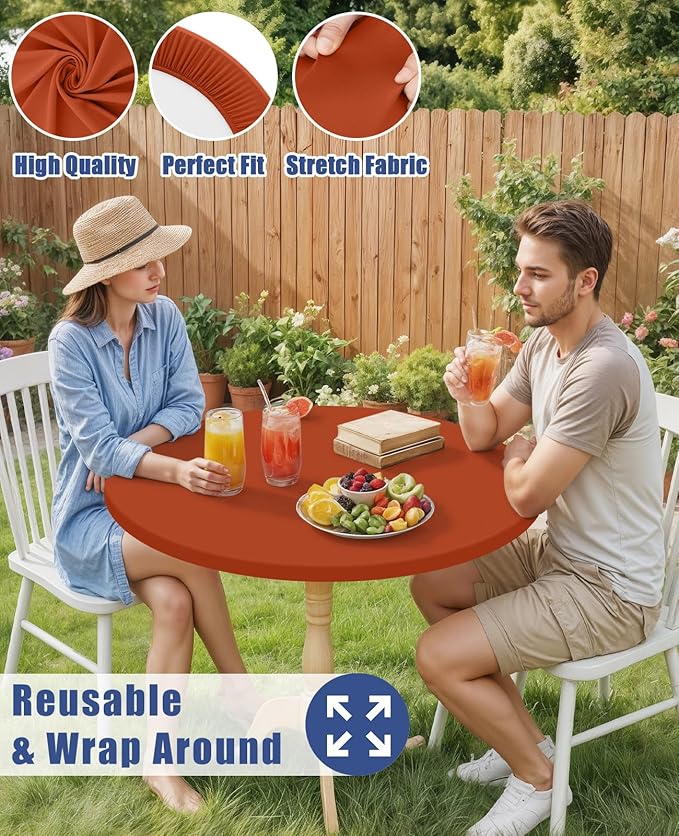 Round Spandex Tablecloth, Elastic Fitted Waterproof Tablecloths for 31"-35" Tables, Stretch Washable Picnic Table Cover for Camping, Dining, Indoor and Outdoor, Rust