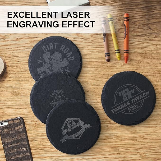 16 Pack Stone Coaster Set with Metal Stand 4-inch Round Laser-Engraved Black Stone Coasters with Protective Pads on The Bottom Ideal for Home,bar, and Gift Occasions (Weddings, housewarmings)